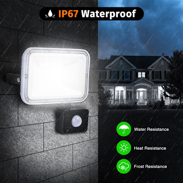 Vattentät LED-strålkastare för utomhusbruk IP67 - Säkerhetsljus med PIR-rörelsesensor 6000-6500K Spotlights Vägglampa för gård,