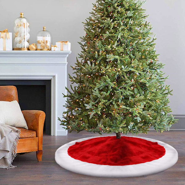 Klassisk röd och vit julgransmatta, mini-julgransmatta i sammet för små utrymmen, rustik design med 18 tums diameter, perfekt för sovrum och