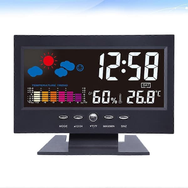 Skrivbords LED Väderprognos Klocka Hem Digital Display Kalender Väckarklocka Multifunktionell Stor Skärm Klocka (Svart, med USB-kabel)