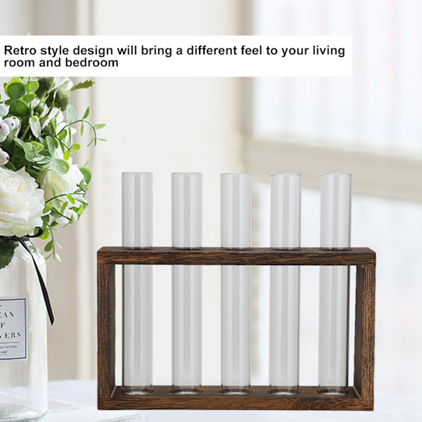 Bordskiva i glasrör Vas Hög Borosilikatglas Tall Träram Retro Rör Växt Vas för Hydroponiska Växter Heminredning 5 Flaskor