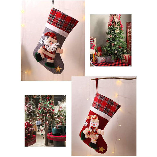 Strumpeband av linne för jul, rustika 3D-jultomtedekorationer, 3 stycken högkvalitativa tygstrumpor med robusta hängöglor för julglädje