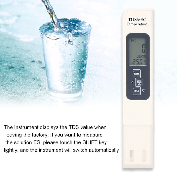 EC TDS Meter 3 i 1 3 Taster 0‑9999ppm Vandkvalitetstestpen EC TDS Meter til Drikkvand Akvarier Pool