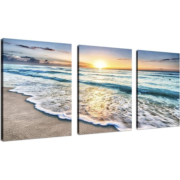 3-Panel Strand Canvas Væghængning til Hjemmedekor Blå Hav Solnedgang Whi
