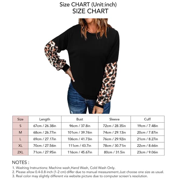 Svart M Dam Sweatshirt Långärmad Leopardmönstrad Rund Hals Pullover Topp för Hemma Utomhus