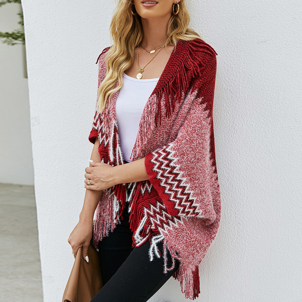 Dame Varmt Sjal Wrap Åben Front Poncho Kappe Farveblok