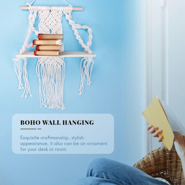 Boho Macrame Væghængende Hylde Håndlavet Vævet Kvaster Gobelin Rack Træ Flydende Opbevaringsbøjle Til