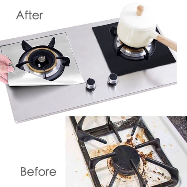 4 kokplattsskydd Teflon-belagda non-stick gasspis toppskyddsplattor, kök matlagning silver 27x27cm 0.1mm