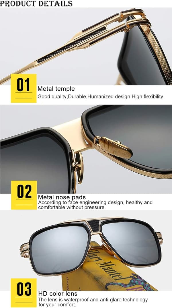 Solbriller Oversize Klassiske Svarte Shades Goggle Retro Gull Legering