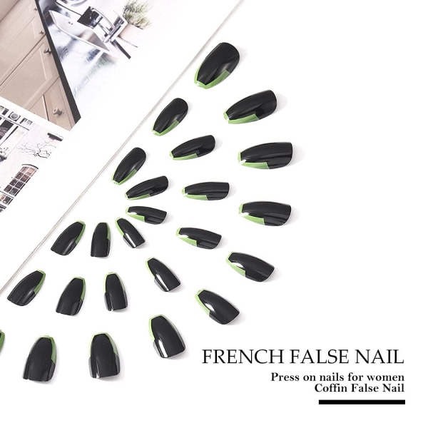 Acedre French Nails Tryck på tips Svart kista Fake Nails Korta Fasle Nails Ballerina V Shape Faux Nails Art för kvinnor och flickor (24 st）