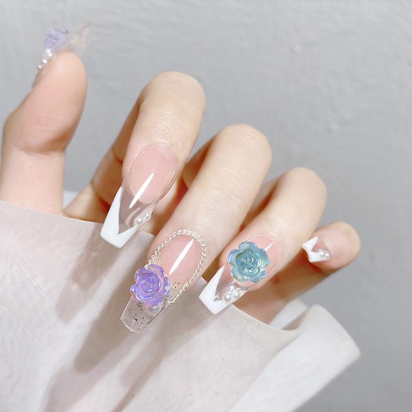 Nail Art 3D Resin Vit Ros Blomdesign Aurora Kronblad Nagel