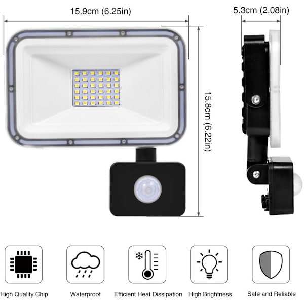 Vattentät LED-strålkastare för utomhusbruk IP67 - Säkerhetsljus med PIR-rörelsesensor 6000-6500K Spotlights Vägglampa för gård,