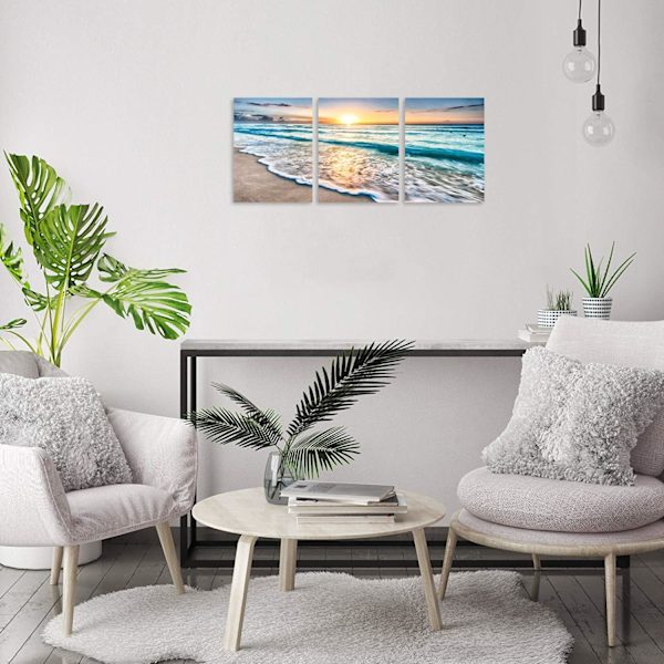 3-Panel Strand Canvas Væghængning til Hjemmedekor Blå Hav Solnedgang Whi