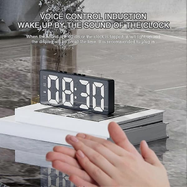 Speiloverflate LED Digital Vekkerklokke, HD Digital Bordvekkerklokke, Stemmekontroll & Temperatur Se