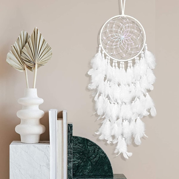 LED Drømmekatcher Væghængning Hvid Fjer Perle Boho Vævet Kunst