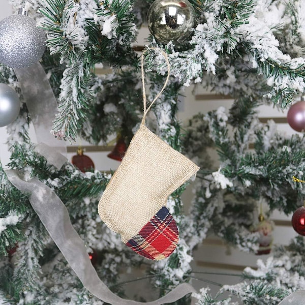 Landlig Gårdshus Juledekorasjon, Tartan Stoff Jute Julepynt for Rustikk Juleborddekor, Plysjpyntsett til Juletre, 4