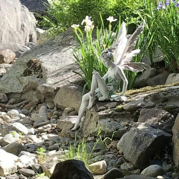 Elfenfigur 18 cm, sittande älvfigur med vingar, trädgårdsdekoration