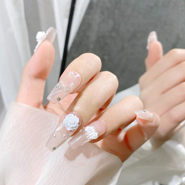 Nail Art 3D Resin Vit Ros Blomdesign Aurora Kronblad Nagel