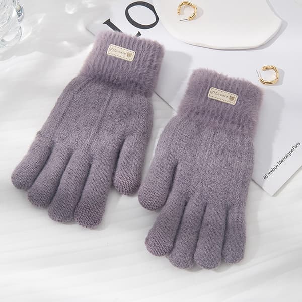 Dame Efterår Vinter Handsker Cykling Rækker Varme Finger Solid Touch Screen Fleece Fortykkede Strikkede purple