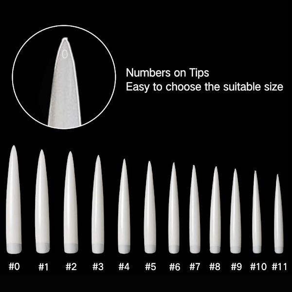 120 stk Stiletto Ekstra Lange Skarpe Kunstige Negletips Akryl Falske Negle for DIY Neglesalonger, 12 Størrelser