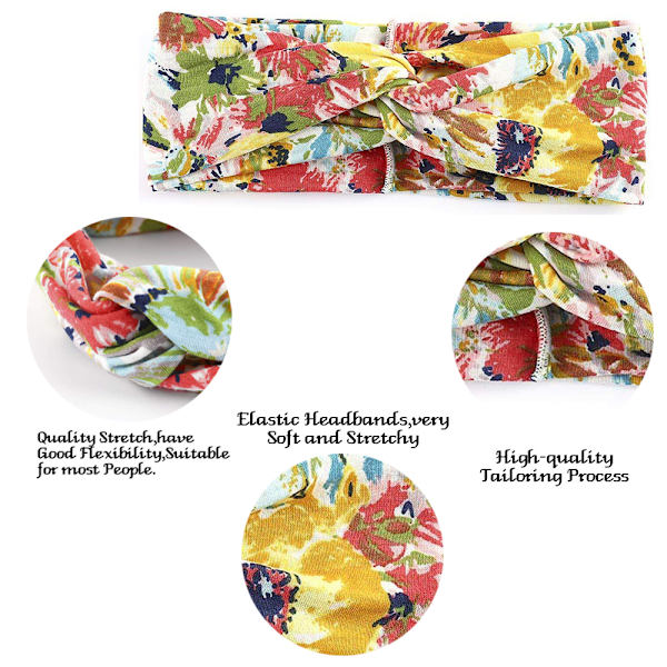 KAVYA Set med 4 Boho Pannband Dam Pannband Hårband Turban Elastiskt Mjukt Bohemian Pannband Blommönster Printed Twisted Bomull för vardagsyoga