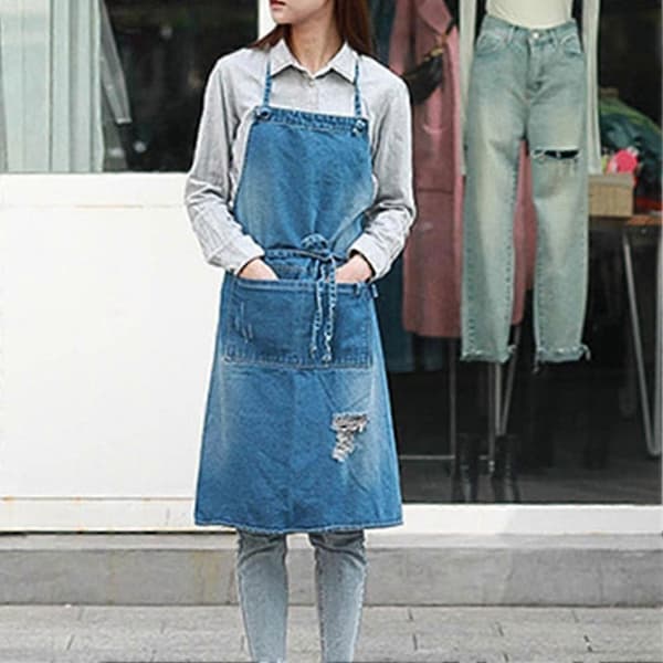 1 Denim Forkle Halter Bib Med Lommer For Baking, Maling, Hagearbeid, Rengjøring, Mørkeblå