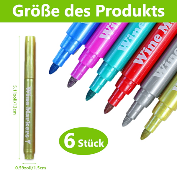 6 stk. vinglas-markeringspenne - seks farver
