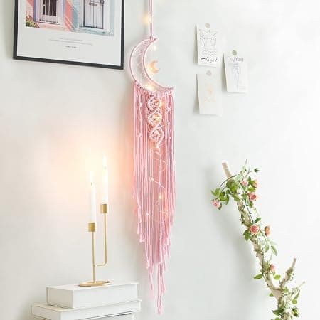 Rosa Måne Drömfångare med Ljus, Rumsinredning, Boho Inredning, Vägg
