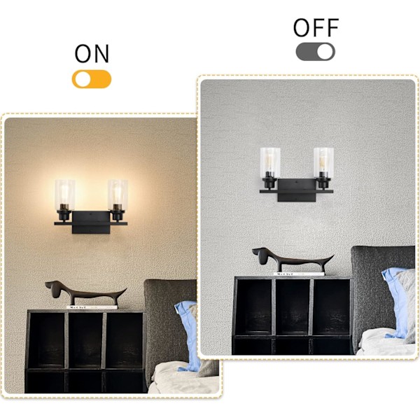 2-Lamps Vägglampa för Badrum, Matt Svart Finish med Klar Glasskärm, Modern Design Hållbar Kvalitetskonstruktion Vägglampa för Badrum Sovrum Entré
