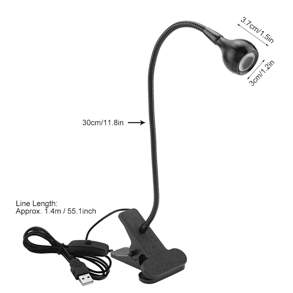 USB-LED-pöytälamppu Mini-työpöytäyölamppu klipsillä kotiin, opiskeluun ja lukemiseen, musta lämmin