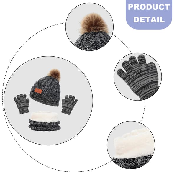 1 sæt børns vinter tredelte hat, halstørklæde, handsker, tredelt efterår og vinter enkelt kugle babyhat Black and white