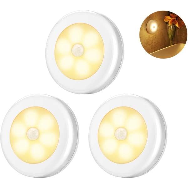 3 stk LED-bevegelsessensorlys, energisparende, varmt hvitt lys