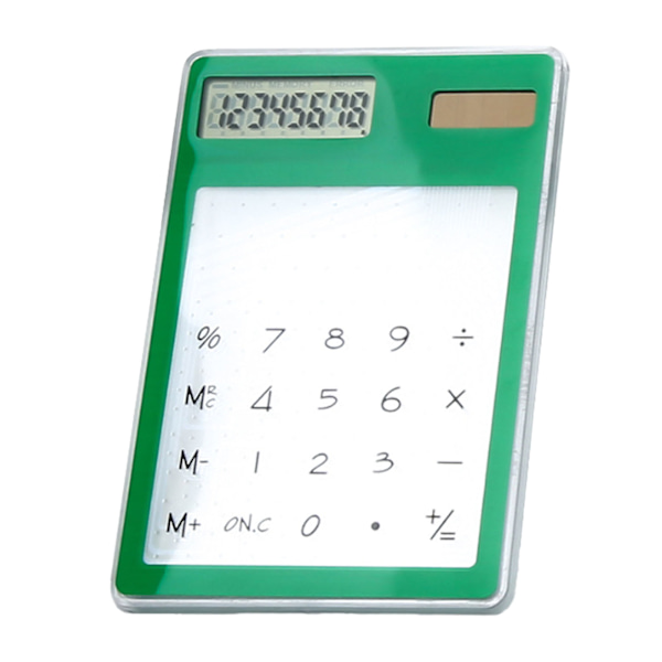Solcelledrevet lommeregner med touchskærm, 8-cifret LCD-display, bærbar transparent lommeregner til kontor, skole og hjem, grøn