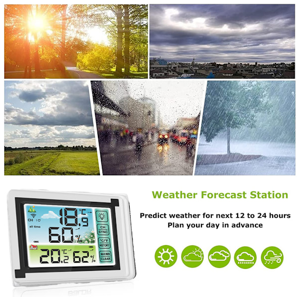Digital hygrometer med pekskärm för hemmakontor, inomhustermometer med trådlös överföring och väderprognos, stor monokrom display med