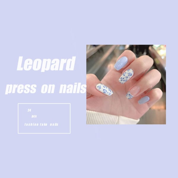 MISUD 24st franska akrylnaglar, medelstor kista falska naglar Leopard Söt blank press på naglar present för kvinnor och flickor (blå & leopard)