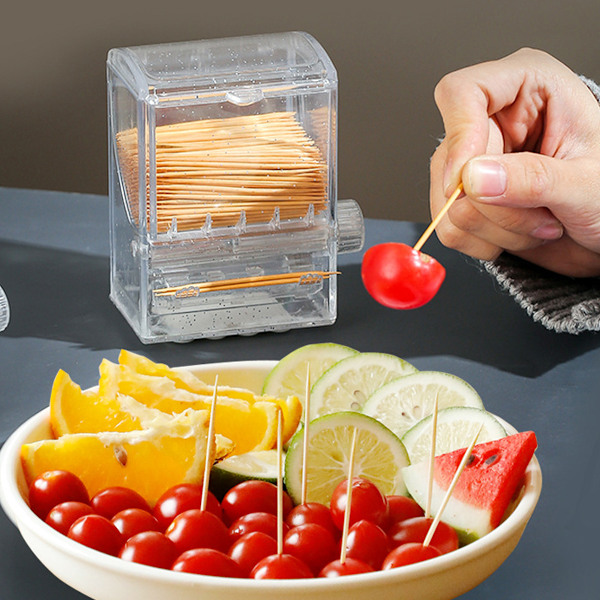 Tandpetare Dispenser Kreativ Klar Knopp Switch Akryl Tandpetarhållare Automatisk Tandpetare Låda för Bord Kök Hem Restaurang Fest