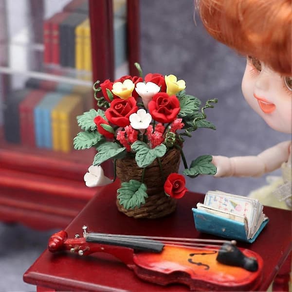 1/12 Dukkehus Mini Leire Potteplante Simulering Rød Blomst Modell For 1/12 Dukkehus Dekor Aks