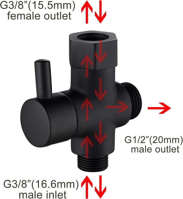 Sort version, 3-vejs massiv messing 3/8 toiletvandfordelingsventil