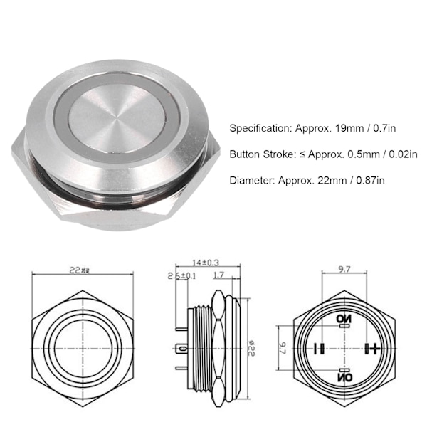 5 stk. Momentane Trykknapsbrytere Metal Auto Reset Ultra Tynd Vandtæt med LED 19mmDC3~6V Gul