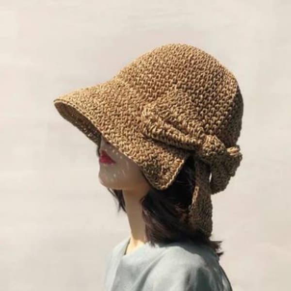 Damhatt Flätad Rosett Solhatt Sommar Strandhatt (Khaki)