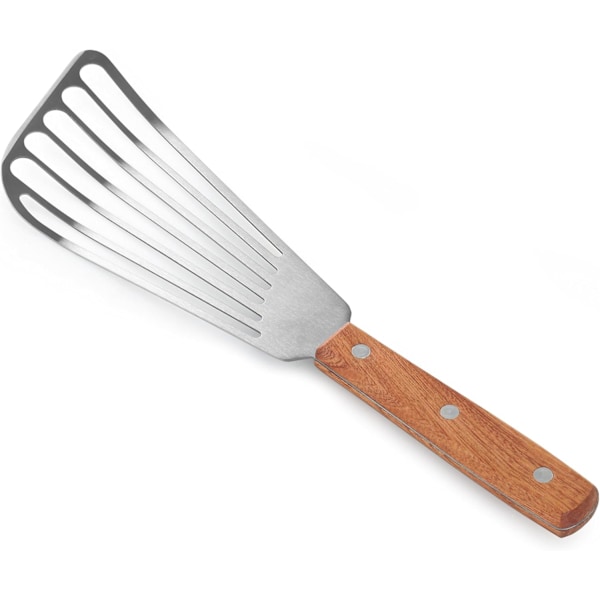 Värmebeständig stekspade i rostfritt stål, trähandtag för förbättrat grepp, designad för mångsidighet och hållbarhet i professionella kök