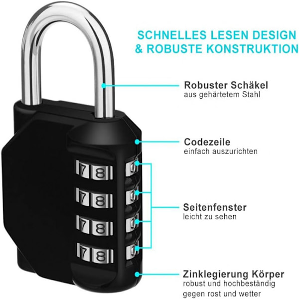 Väderbeständig Design 4-siffrig Kombinationslås, Återställningsbart För Förbättrad Säkerhet, Bekvämt Portabelt Robust Zinklegeringshänglås, Svart, 2-pack