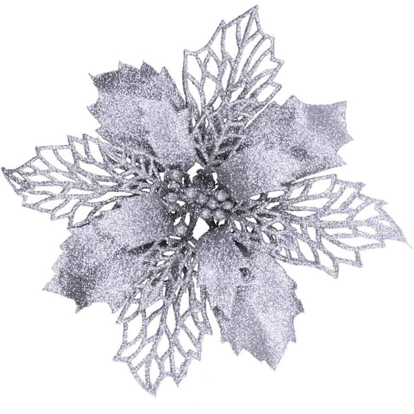 Glittrande Julgransdekorationer, Julstjärna Konstgjord Blomma Med Silverglitterpulver För Festlig Dekor