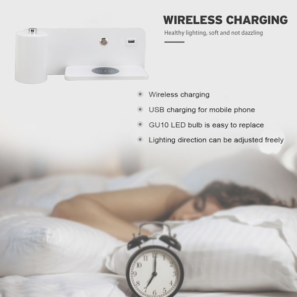 LED Vegglampe USB-grensesnitt Trådløs lading LED Vegglampe for stue Soverom 85‑265V Hvit Venstre