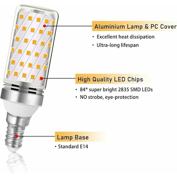 E14 LED-lampa, energibesparande icke-dimbar 16W LED-lampa, motsvarande 100W halogen, varmvita 3000K glödlampor för sovrum och kökskrona,