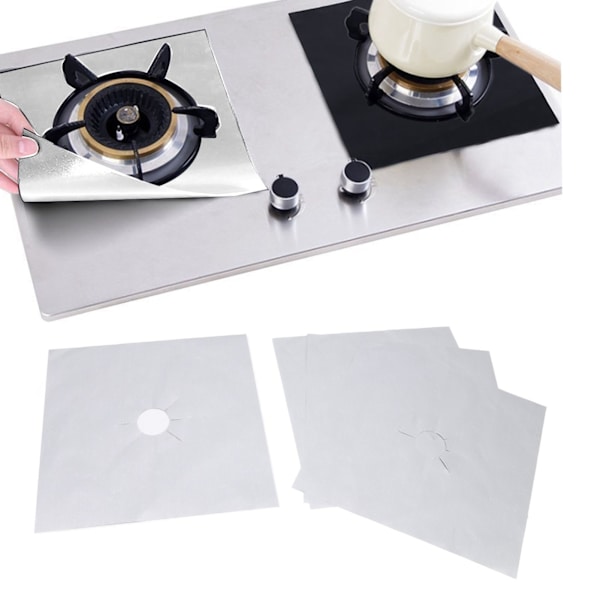4 kokplattsskydd Teflon-belagda non-stick gasspis toppskyddsplattor, kök matlagning silver 27x27cm 0.1mm