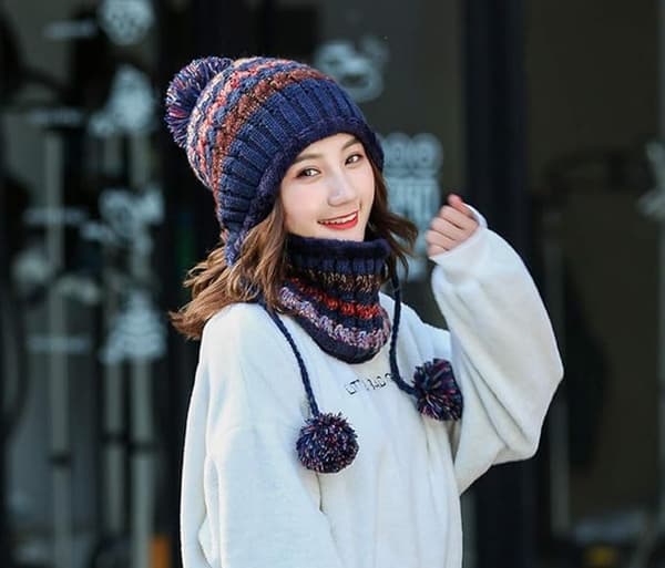 Marinblå hatt+scarf set dam stickad hatt scarf set vinter varm