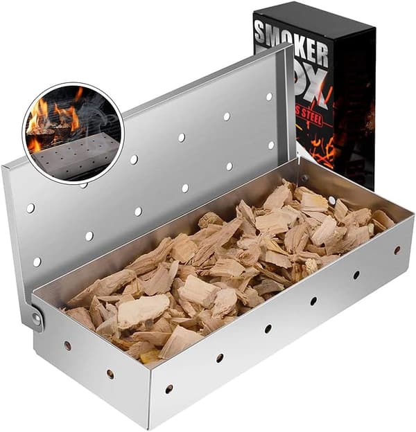 BBQ Røgboks til Kulgrillning, Flere Røghuller for Forbedret Smag, Let-Vendbart Hængslet Låg for Hurtig Udskiftning af Træflis, Holdbart Rustfrit Stål