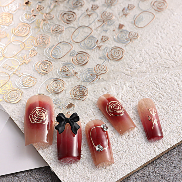 6 naglar 3D tredimensionella klistermärken hett guld ren lust vind retro ros is genom flickor tillbaka lim nagelpasta
