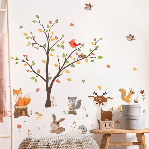 Woodland Wall Decals Animals Tree Owl Fox Deer Wall Stickers Barnrum Baby Nursery Väggdekor