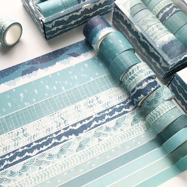 Washi Tape Set med 12 rullar, Blå Havsvåg Dekorativ Washi